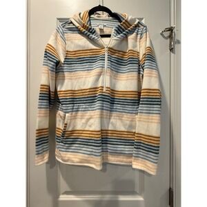 O'Neill Womens Striped Waffle Knit Fleece Hoodie Blue‎ Yellow Cream Pullover
